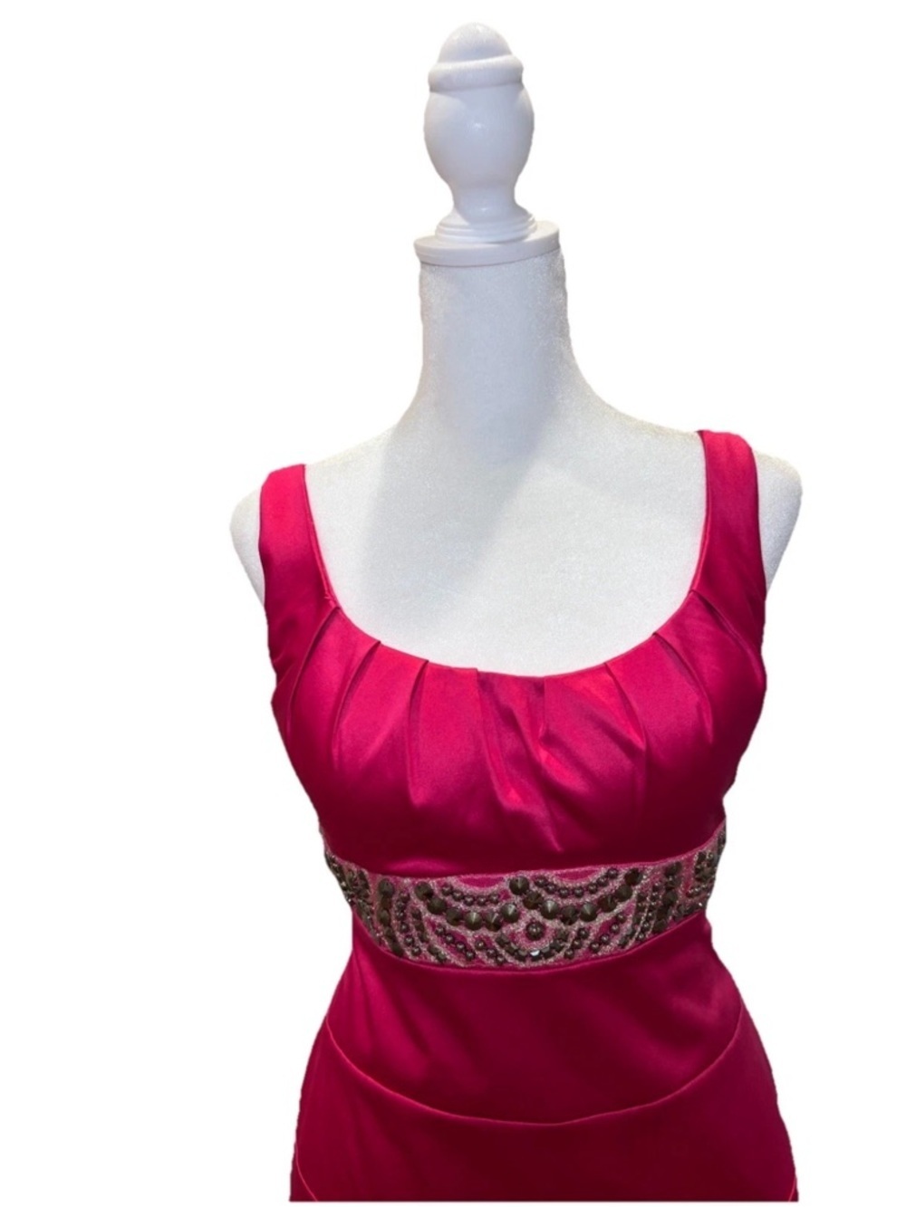 Bisou Bisou Hot Pink Satin Cocktail Dress Petite 8 Beaded Waist Bodycon - Picture 4 of 8